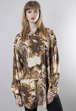 VINTAGE 80S CRAZY PATTERNED OVERSIZE LONG SHIRT BLOUSE TOP
