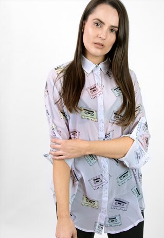 'DON'T SPEAK' PASTEL CASSETTE TAPE PRINT CHIFFON BLOUSE