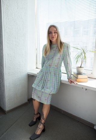 VINTAGE 60'S PASTEL PATTERNED MIDI LONG SLEEVED DRESS