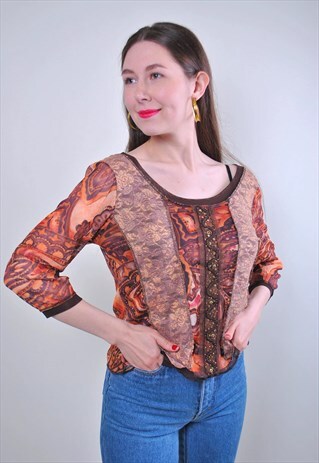 WOMEN VINTAGE BROWN BOHO BLOUSE WITH FLOWERS PRINT