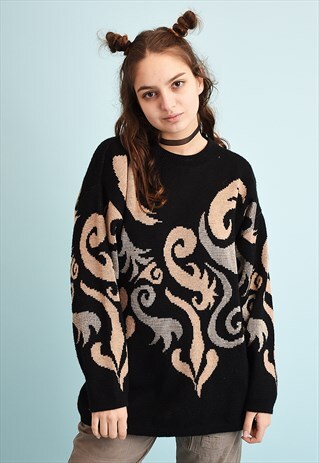 80'S RETRO ABSTRACT PATTERN OVERSIZED KNIT JUMPER