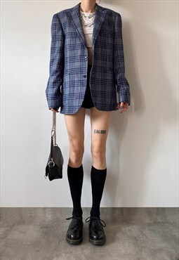 Vintage oversized plaid blazer jacket in blue