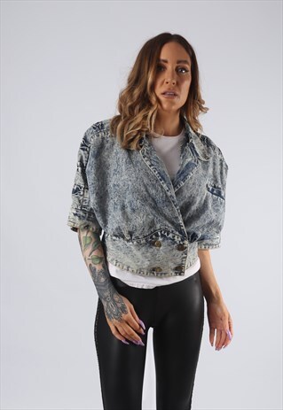 VINTAGE ACID WASH CROPPED DENIM JACKET UK 10 - 12 (9E1G)