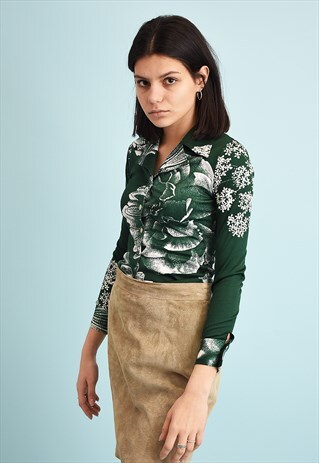 70'S RETRO MOD FLORAL PRINT PETITE SHIRT TOP