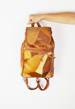 BROWN LEATHER PATCHWORK BACKPACK BAG