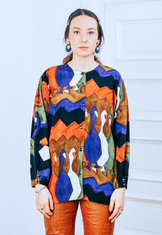 RETRO SHIRT 80'S VINTAGE BLOUSE ABSTRACT LONG SLEEVE XXL