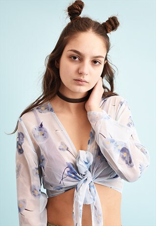 Y2K SHEER KITSCH FLORAL PRINT PARTY TIE UP TOP