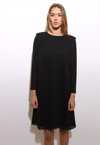 VINTAGE 1980'S 80'S LAYERED BLACK CHIFFON TRAPEZE DRESS M-L