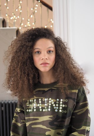 'SHINE' SLOGAN MIRROR WORK, CUSTOMISED, CAMOUFLAGE SWEAT.