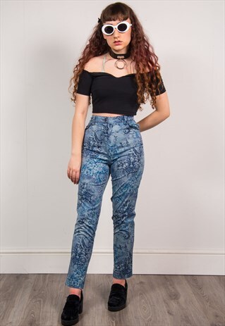 VINTAGE 90'S BLUE FLORAL PRINT HIGH WAIST TROUSERS