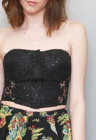 VINTAGE 1980'S BLACK SEQUIN FLORAL BRALETTE TOP