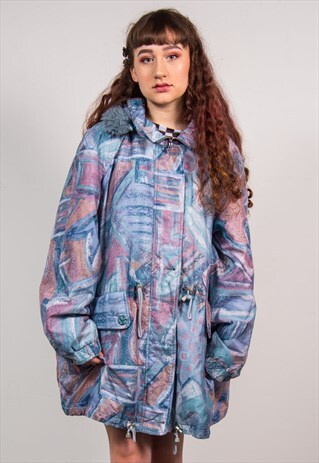 VINTAGE 90'S PASTEL ABSTRACT PATTERN OVERSIZED PARKA COAT