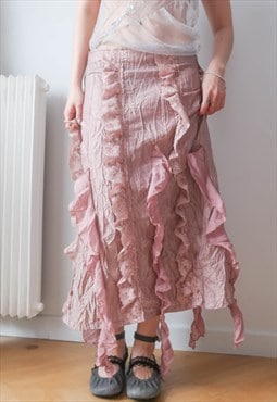 vintage boho indie pink ruffle maxi skirt