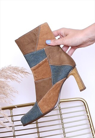VINTAGE Y2K DENIM CORD PATCHWORK ANKLE BOOTS