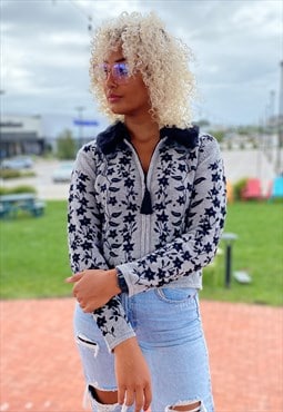 90s Vintage Vine Embroidered Cardigan with Fake Fur Collar