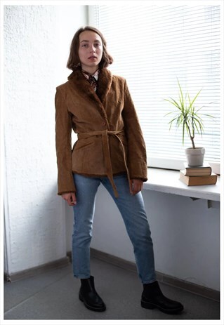 VINTAGE 70'S BROWN SUEDE FAUX FUR TRIM BELTED JACKET