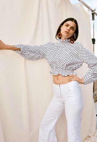 BLACK AND WHITE POLKA DOT SHIRRED TOP