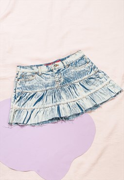 Vintage Denim Skirt Y2K Frilly Rave Mini in White Blue