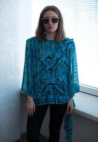 VINTAGE 80'S BLUE/GREEN PATTERNED RUFFLE BLOUSE