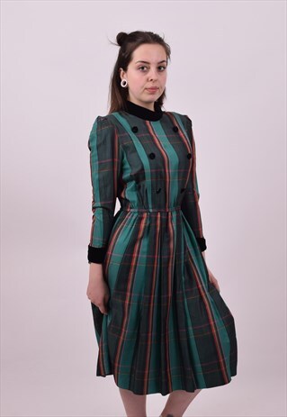 VINTAGE GREEN CHECKED VICTORIAN STEAMPUNK STYLE DRESS 8 10