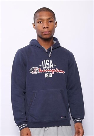 VINTAGE CHAMPION BIG LOGO SPELLOUT HOODIE NAVY BLUE