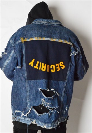 REWORKED KALEIDOO VINTAGE SECURITY DISTRESSED DENIM JACKET
