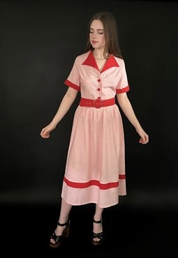 70's Vintage Dagger Collar Stripe Red White Midi Dress