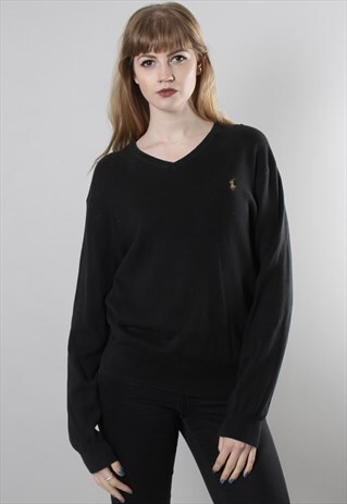 VINTAGE 90S POLO RALPH LAUREN BLACK OVERSIZE V NECK JUMPER