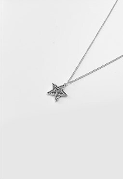 54 Floral Iced Star Tag Pendant Necklace Chain - Silver