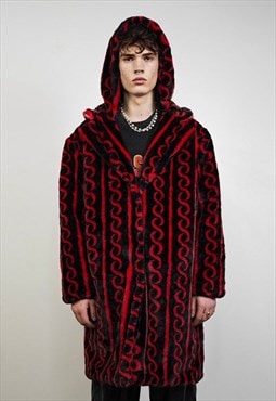 Geometric fleece coat red hooded Arabic long trench jacket