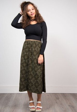 VINTAGE GREEN FLORAL PATTERN GRUNGE MIDI SKIRT