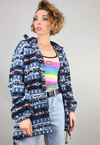 VINTAGE OVERSIZED PATTERNED BLUE ZIP UP FLEECE