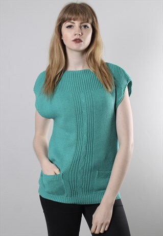 VINTAGE 70S TURQUOISE CABLE KNIT CAP SLEEVE JUMPER TOP