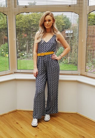 VINTAGE NAVY AND WHITE PRINT SLEEVELESS JUMPSUIT PLAYSUIT