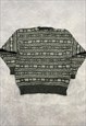 VINTAGE KNITTED JUMPER ABSTRACT PATTERNED V-NECK SWEATER