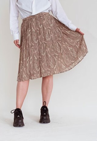 VINTAGE 80S PAISLEY DETAIL ELASTIC PLEATED MIDI BROWN SKIRT