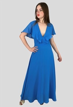 70's Vintage Blue Caped Low Cut Ladies Maxi Dress