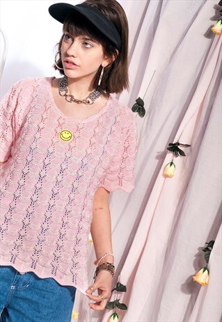 VINTAGE LACE CROP TOP 90S ACID SMILEY PASTEL CROCHET TOP