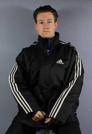 VINTAGE ADIDAS HOODED WATERPROOF RAIN COAT IN BLACK WITH EMB