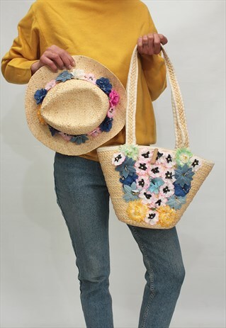VINTAGE 80' AMAZING CUTE FLOWER STRAW SET- BAG AND HAT
