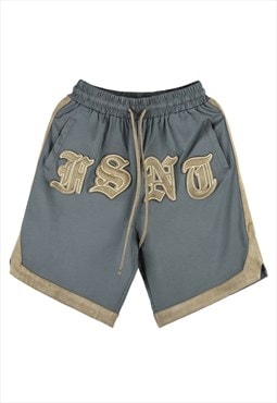 Shiny basketball sport shorts cropped patch pants in grey