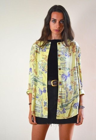 90S VINTAGE ABSTRACT GREEN ELEPHANT PRINT LONG SLEEVE SHIRT