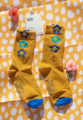Yellow and Blue Three Flower Smiley Socks