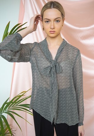 VINTAGE PATTERNED BUTTON UP PUSSY BOW BLOUSE