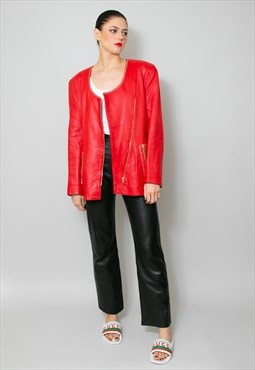 80's Vintage Ladies Red Soft Leather Oversized Jacket