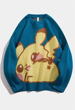 Pikachu print sweater Pokemon cartoon knitwear jumper blue