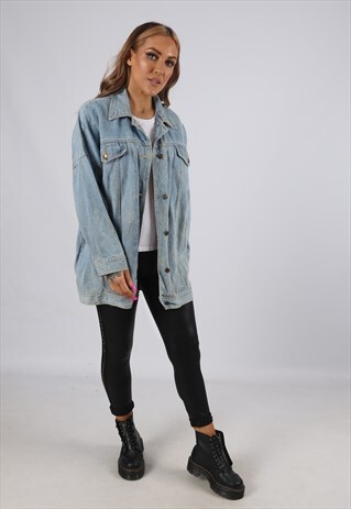 VINTAGE DENIM JACKET OVERSIZED LONGLINE UK 14 L (B3Q)