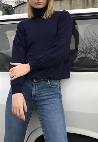 80S NAVY BLUE PURE NEW WOOL SWEATER