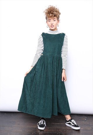 VINTAGE 90S GREEN CORD CORDUROY PINAFORE MIDI DRESS