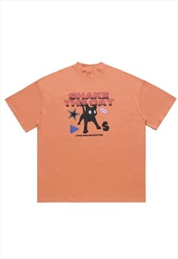 Cat print t-shirt retro poster tee grunge animal top orange